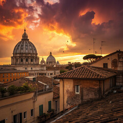 Dramatic Sunset Over Vatican City with Rooftops and St. Peter’s Basilica