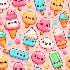 Cute Kawaii Ice Cream and Popsicle Pattern on Pink Background