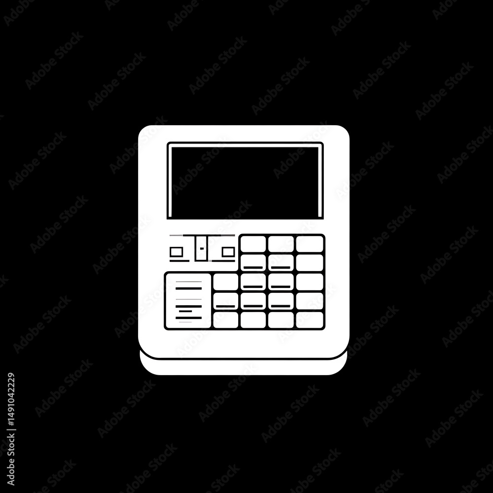 Poster white monochrome illustration of a digital device on black background with simple buttons and a clea