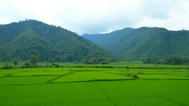 A lush green landscape featuring terraced fields and dense forested hills under a partly cloudy sky.