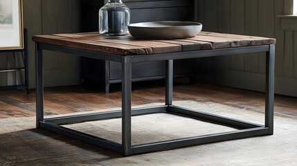 Rustic square coffee table with dark metal base.