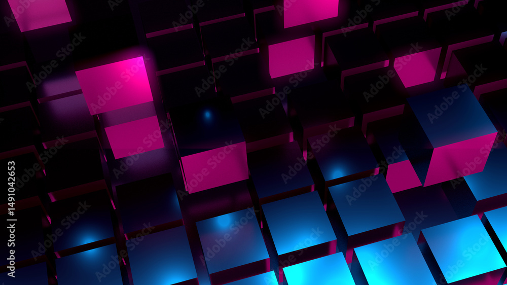 Poster dark abstract background with 3d cube, neon, light lines