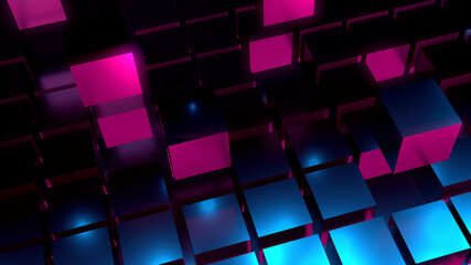 Dark abstract background with 3d cube, neon, light lines