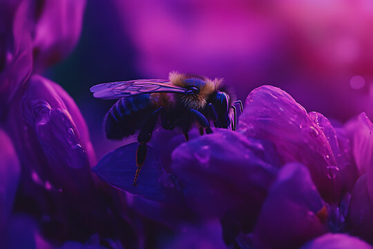 A bumble bee rests on a vibrant purple flower with a soft blurred background in a close up shot
