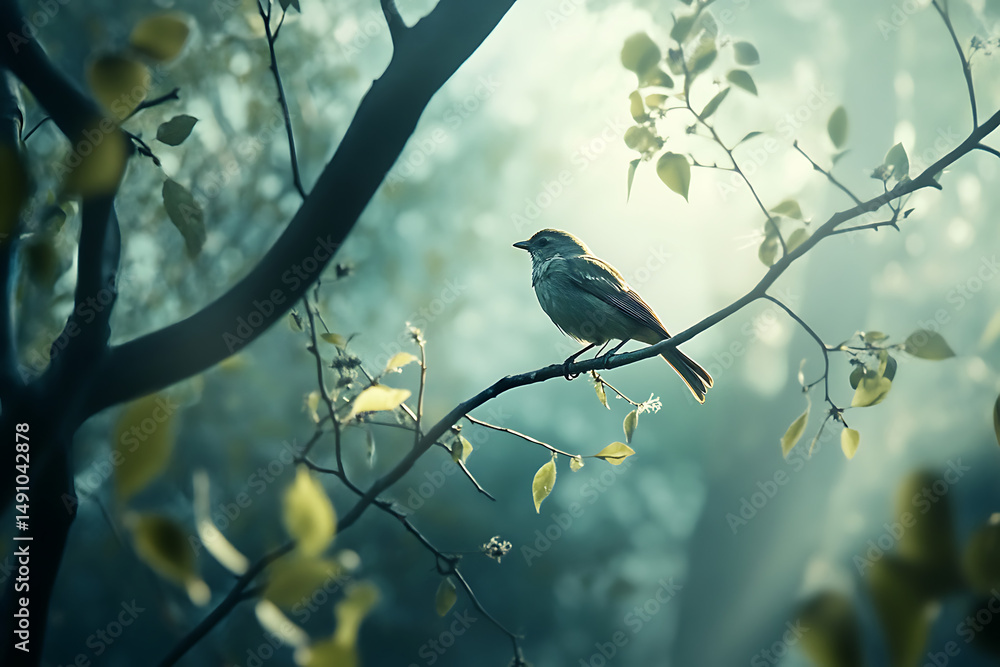 Poster a small bird perched on a branch in a forest with a soft light filtering through the trees in the ba