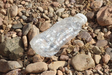 A single empty plastic bottle lying on the ground, Environmental pollution