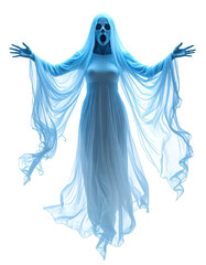 Ethereal Ghostly Figure In White Flowing Gown Against Transparent Backdrop with Outstretched Arms and Screaming