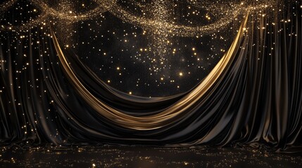 Elegant black and gold curtains with glittering particles.