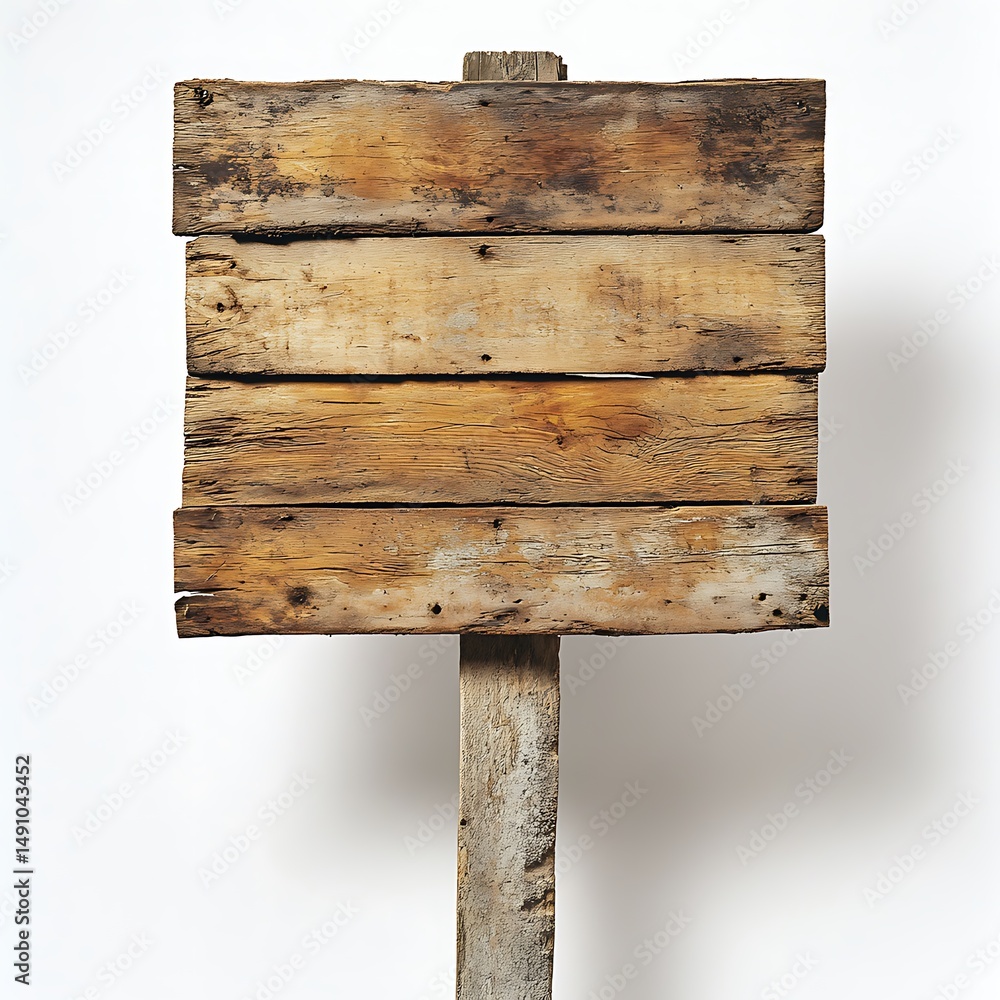 Poster rustic wooden signboard with weathered texture on plain backdrop, ideal for presentations and design