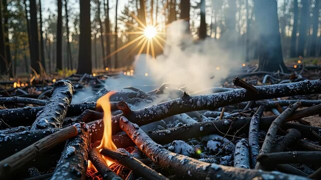 Flame burning among fallen logs with sunlight shining through trees  