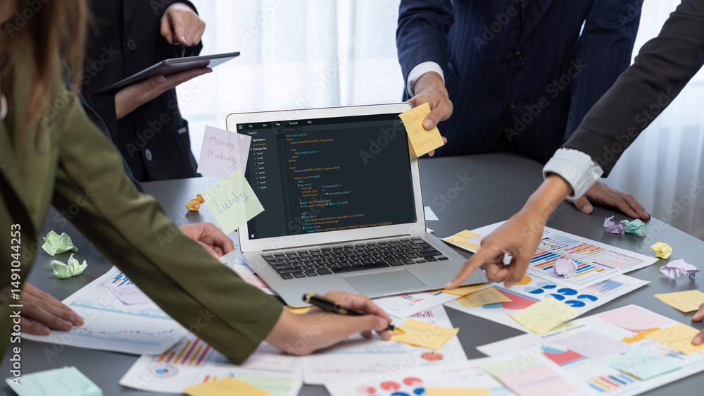 Poster analyst team use sticky note for creative and analytic brainstorm for business idea with bi data das