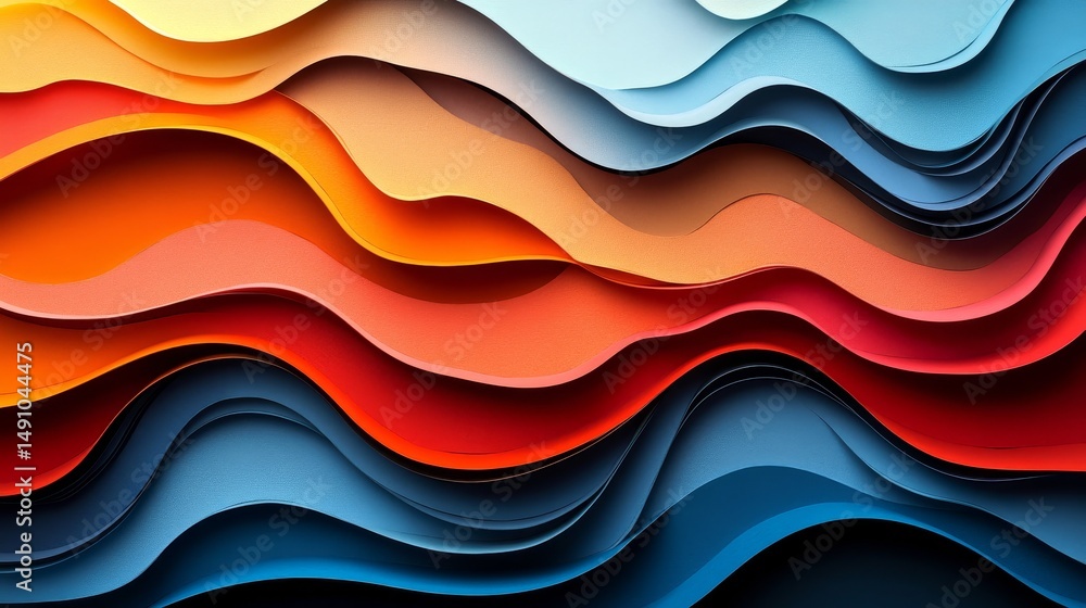 Poster abstract design of overlapping wavy layers of color.