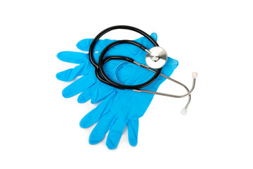 Medical nitrile gloves isolated on white background. Surgical latex gloves. Rubber gloves production. Doctor or nurse putting on protective gloves. Medicine concept. Sterility, protection.