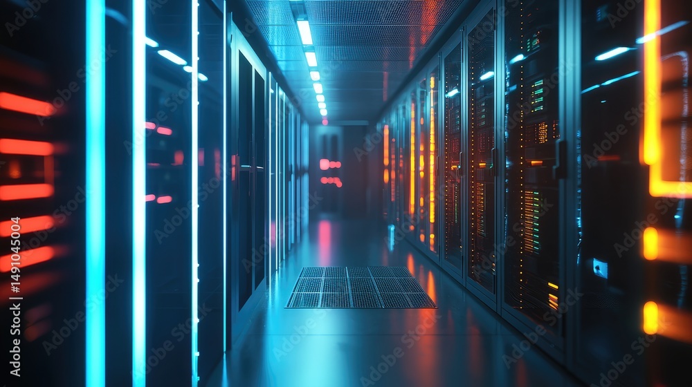 Poster Futuristic data center corridor with illuminated server racks and colorful lights, ideal for technology, cloud computing, cybersecurity, and infrastructure content