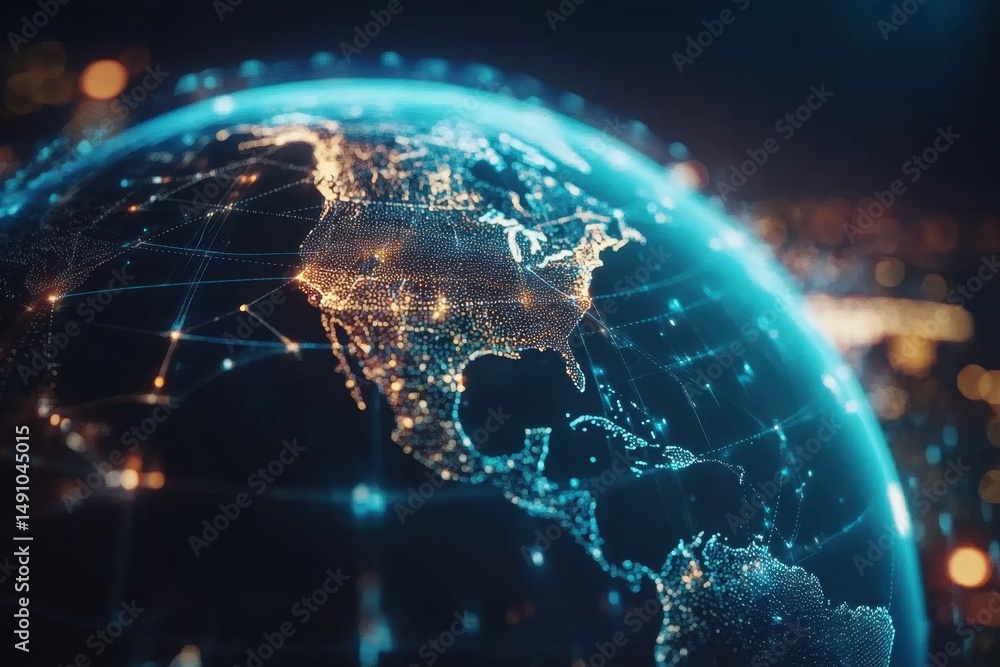 Poster global data connections illuminated over north america showcasing advanced data processing technolog