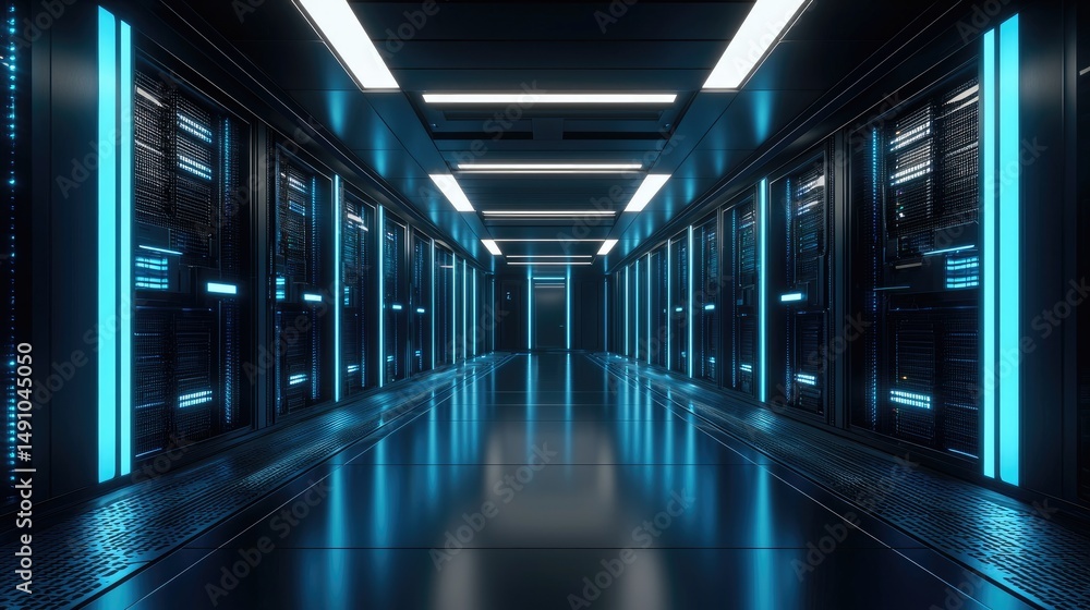 Poster modern data center with symmetrical blue-lit server racks and reflective flooring, perfect for illus