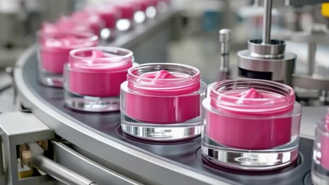 Glass jars filled with pink cosmetic cream moving along automated factory conveyor belt in modern skincare manufacturing process.