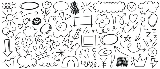 Set of cute hand-drawn doodles in playful cartoon style. Includes hearts, stars, clouds, faces, plants, abstract shapes, and funny expressions. Perfect for kids’ designs, planners, stickers