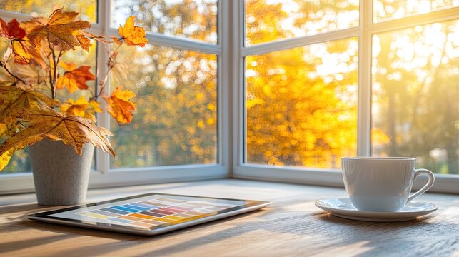 Autumnal window view with digital tablet and coffee.