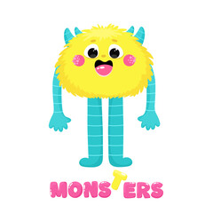 Cute fluffy and happy monster, children's monster with print, friendly character