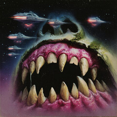 Skull album covers of the 70s and 80s grotesque, conceptual art paintings style, surrealism