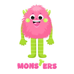 Cute fluffy and happy monster, children's monster with print, friendly character
