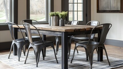 Fototapeta premium Rustic dining room set with metal chairs and wooden table.