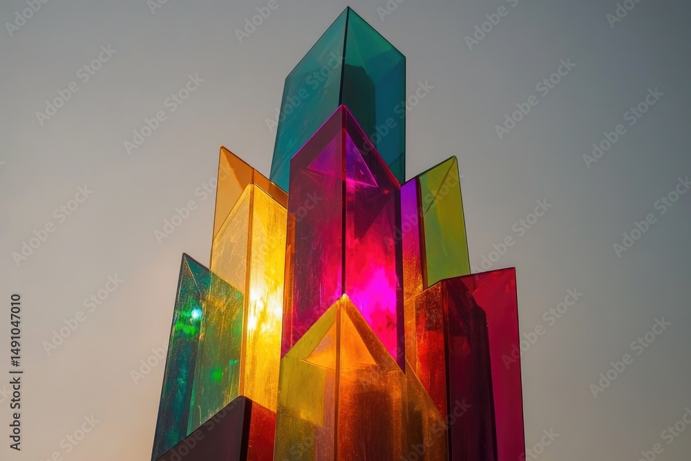 Aufkleber a vibrant cluster of translucent geometric shapes against a muted background, creating a colorful an