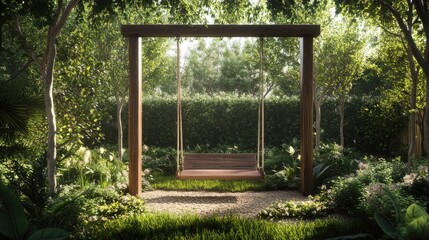 Fototapeta premium Serene garden swing under dappled sunlight.