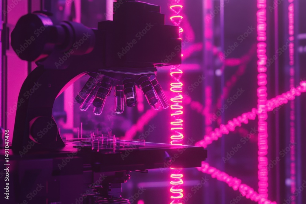 Poster dna strand analysis under microscope with data processing in a laboratory environment, dna strand ov