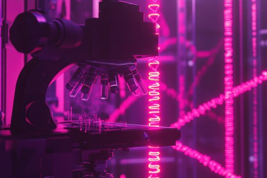 DNA strand analysis under microscope with data processing in a laboratory environment, dna strand over scope scanning and data processing - Powered by Adobe