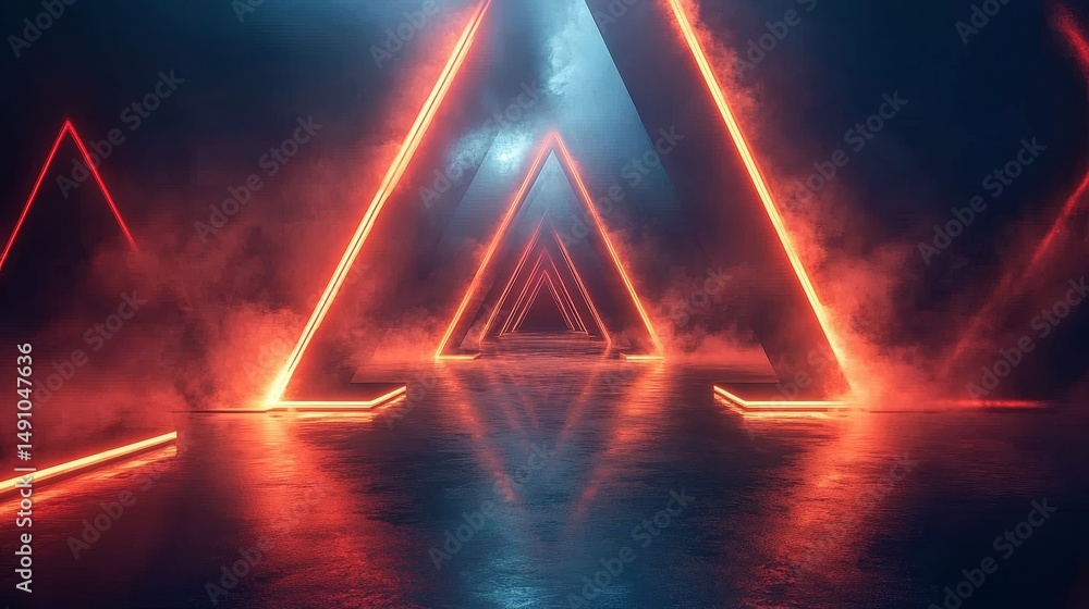 Poster dynamic, glowing triangular neon pathway through a smoky space.