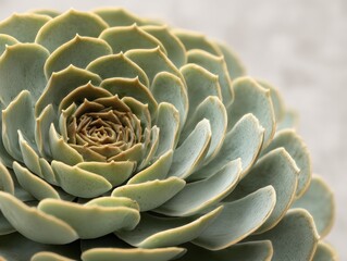 Fototapeta premium Green succulent plant with thick, fleshy leaves arranged in a spiral pattern. The close-up reveals intricate textures and natural symmetry, highlighting the plant's unique geometry