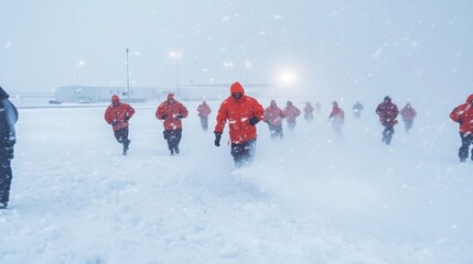 People Running in a Severe Snowstorm