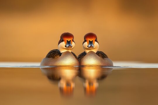 Red-Crested Pochards swim gracefully together in serene waters at sunset, Red-Crested Pochard Netta Rufina Beautiful Duck, Close up Two birds swimming and diving on the lake