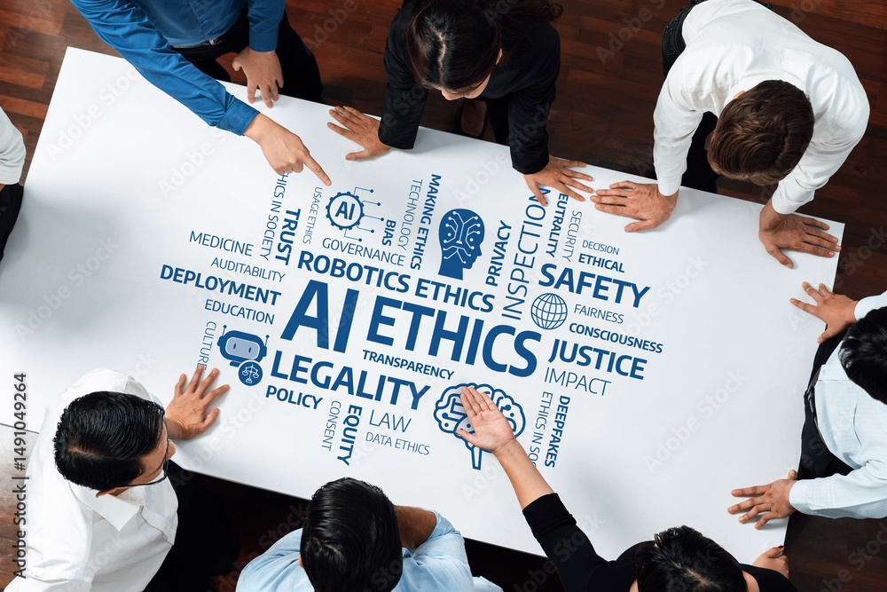 Poster a dynamic group discussion focusing on ai ethics, emphasizing the importance of governance, legality