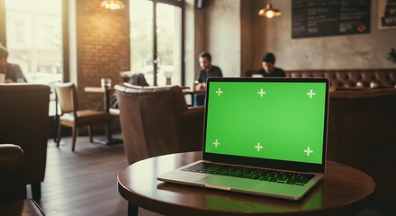 Laptop with green screen in busy coffee shop