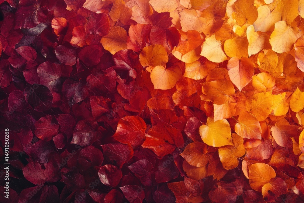 Poster a gradient of autumn leaves transitioning from deep red to vibrant yellow in a textured, seasonal di