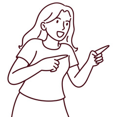Confident woman drawn in line art style pointing with both hands to her left, representing explanation or interaction with minimal design for educational or presentation use