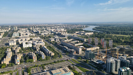 Drone view of New Belgrade district, Serbia. Aerial cityscape of modern architecture in the capital of Serbia, Europe.