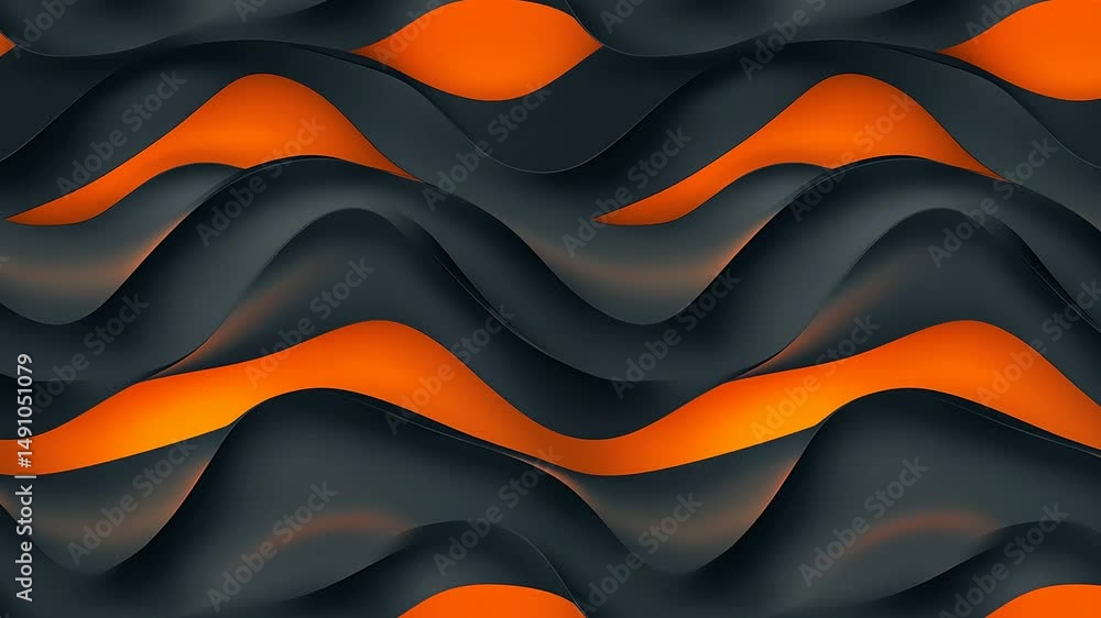Poster seamless loop of flowing black and orange 3d waves in layered motion.