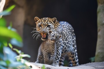 Obraz premium Leopard mother carries baby leopard in lush habitat during daylight, A leopard carries a baby leopard in its mouth in Kenya