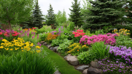 A vibrant flower garden is bursting with colorful blossoms and greenery, creating a picturesque landscape alongside a neatly manicured lawn and trees in summer.
