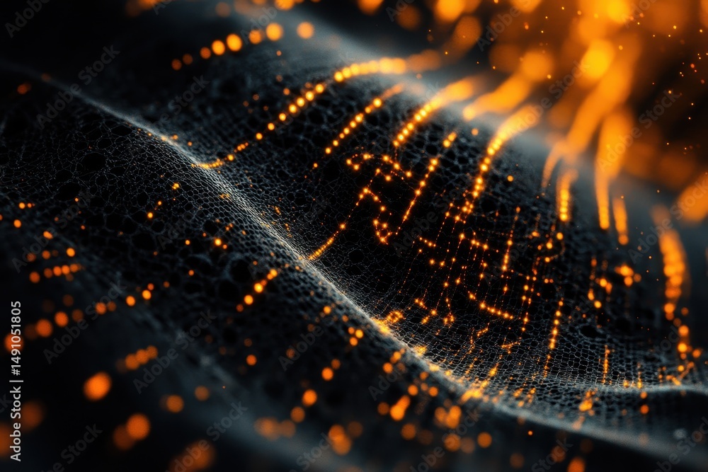 Poster abstract visualization of network connections with glowing nodes and dynamic patterns in dark enviro