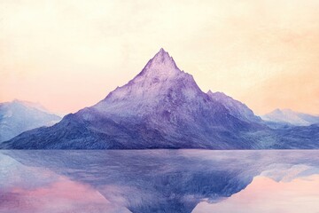 Fototapeta premium A majestic purple mountain range is reflected in a calm lake under a soft, pastel-colored sky, creating a serene landscape.