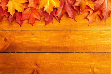 Obraz premium Autumn maple leaves on wooden background