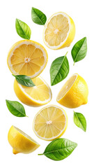 Flying Lemon Fruits with Half Slice and Green Leaves Isolated 