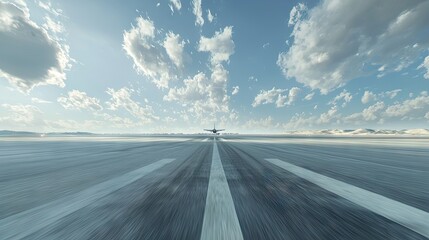 Empty runway with departing airplane under a bright sky.