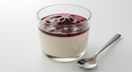 Berry Bliss Panna Cotta: A single serving of panna cotta with a vibrant berry compote topping, captured in a crystal-clear glass with a shiny spoon. showcasing a light and fresh dessert experience.