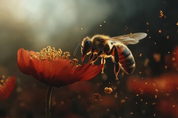 Naklejka premium Bee gracefully landing on vibrant red flower in soothing slow motion, Bee landing on red flower Slow-motion